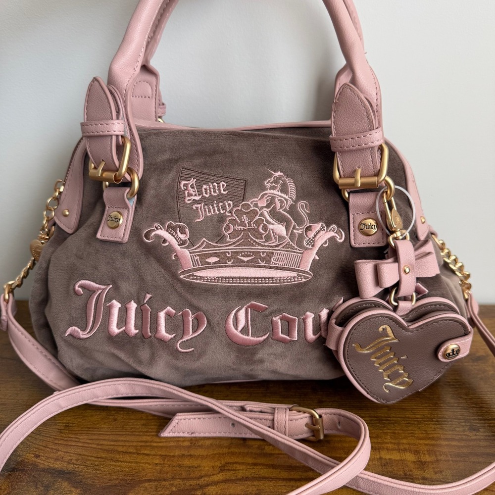 New Juicy Couture Juicy Crown Brown Pink Satchel Crossbody Handbag Y2K Charm